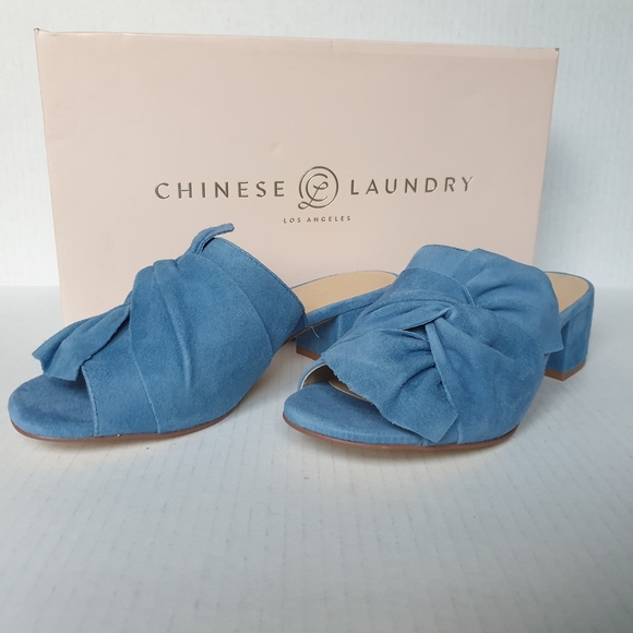 Chinese Laundry Marlowe Blue Kid Suede Block Heeled Slip-On Mule Slides Sz 6.5 - Picture 13 of 16